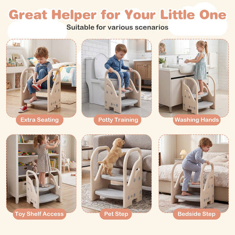 Toddler Step Stool with Adjustable 2/3-Step and Safety Handles for Bedroom