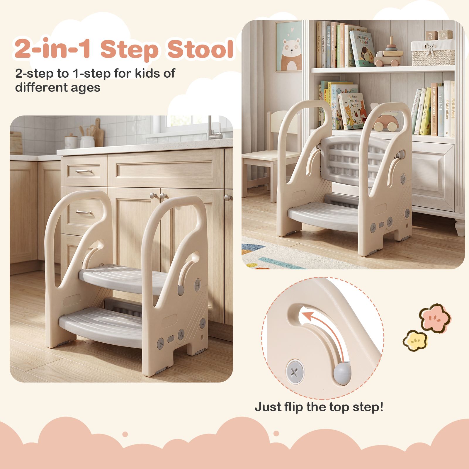 Toddler Step Stool with Adjustable 2/3-Step and Safety Handles for