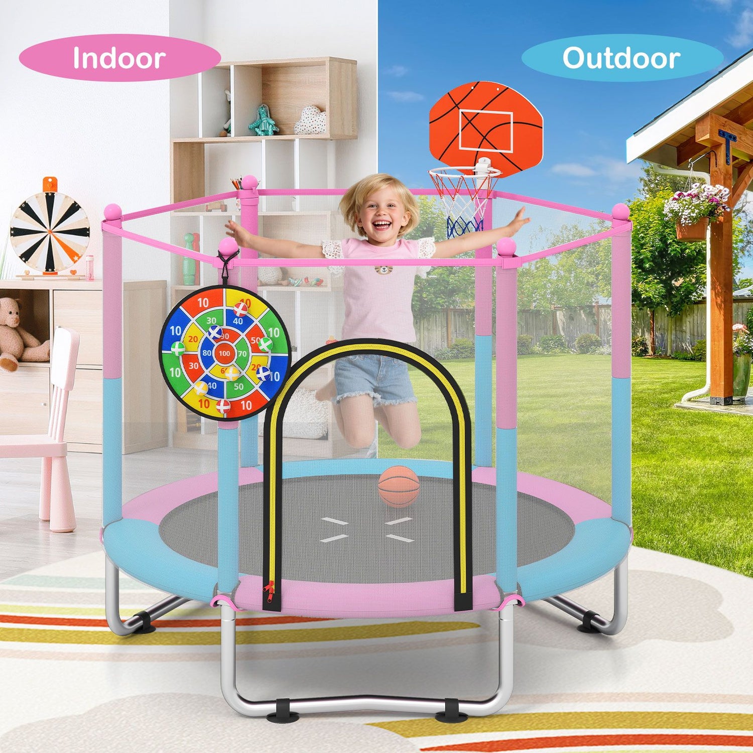 Toddler Trampoline with Basketball Hoop and No-gap Design for Kids