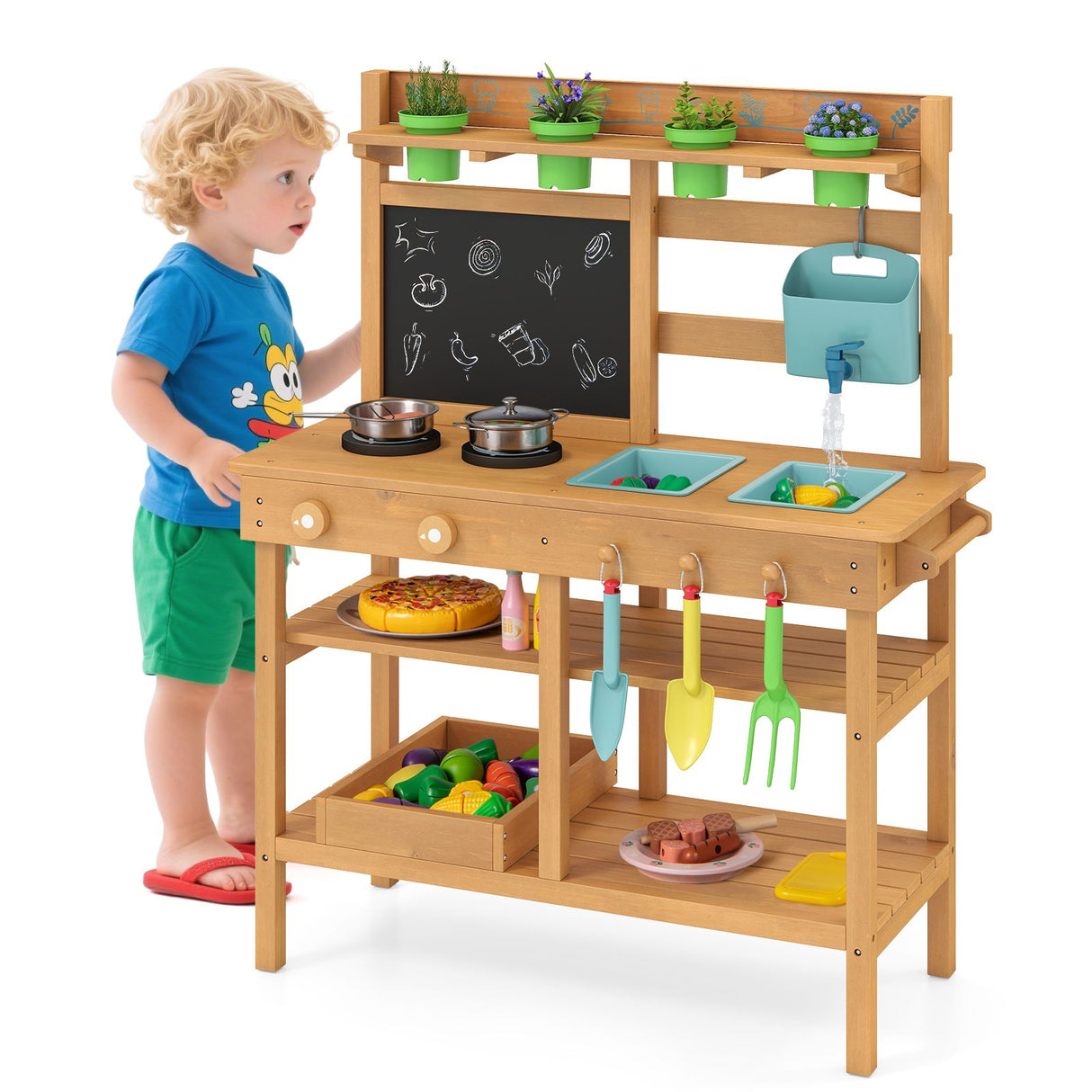 Toddler Wooden Pretend Play Kitchen Playset with Faucet and Pots