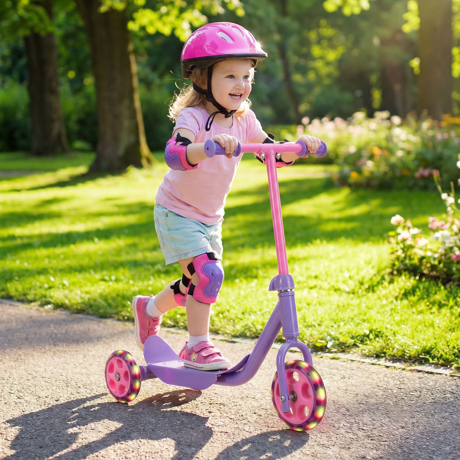 Toddler 3 Wheel Kick Scooter with LED Light Up Wheels and Wide