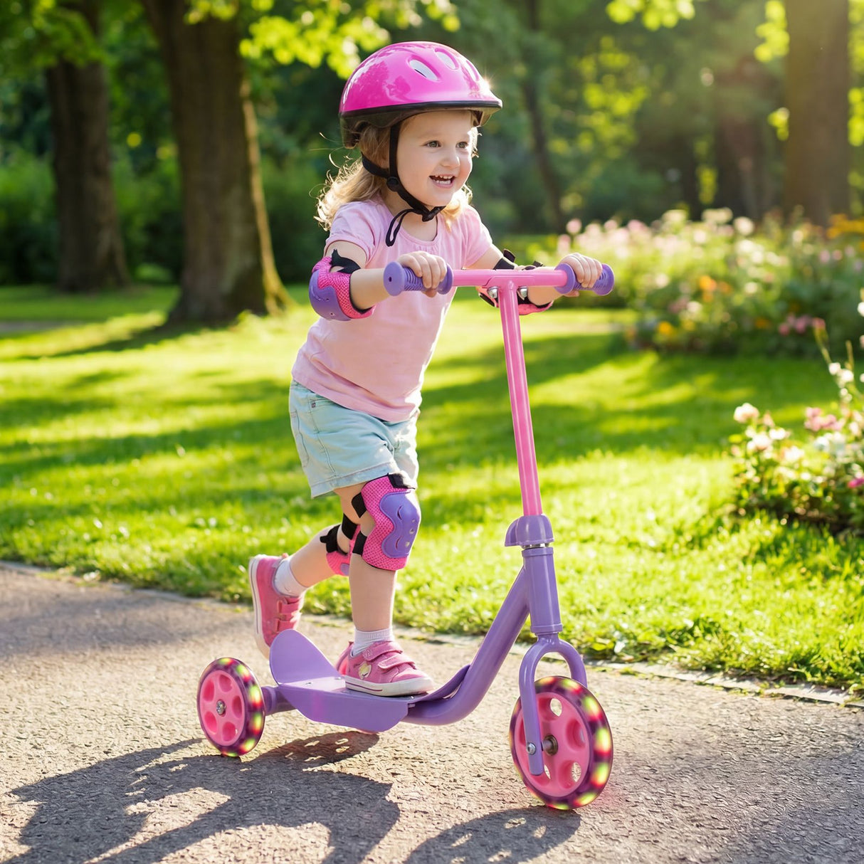 Toddler 3 Wheel Kick Scooter with LED Light Up Wheels and Wide Anti Slip Deck