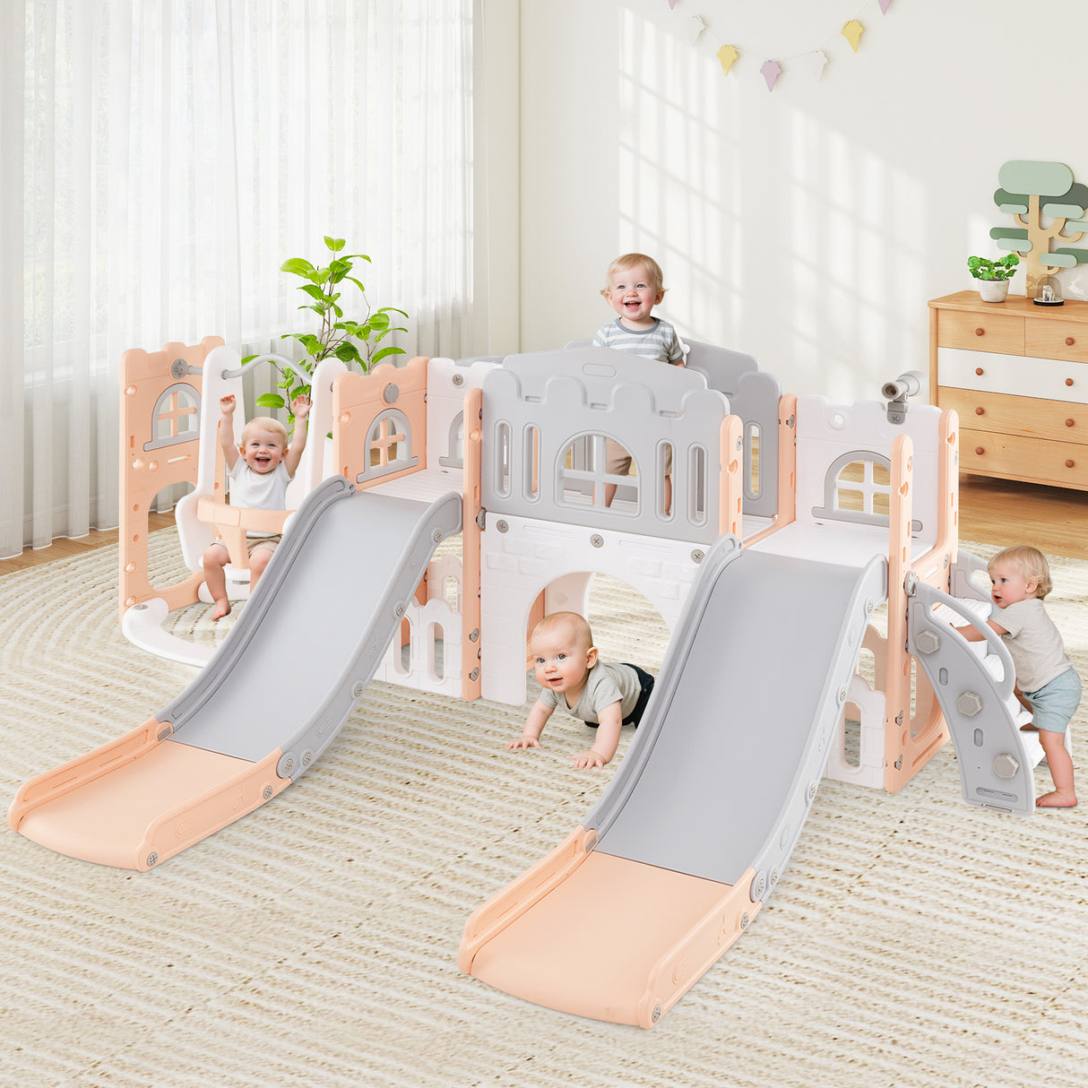 10 in 1 Toddler Swing and Slide Set, Kids Double Slides and Climber Playset
