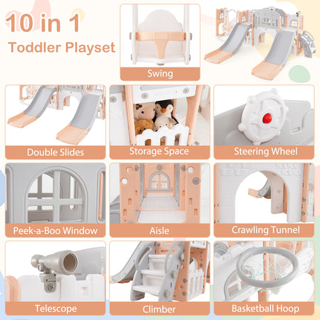 10 in 1 Toddler Swing and Slide Set, Kids Double Slides and Climber Playset