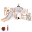 A toddler swing and slide set with multiple activities including a slide, swing, climbing area, and basketball hoop. The set is primarily made of wood in a beige color, with a gray slide and colorful accents.
