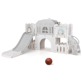 Children's playset with slides and a basketball on a white background