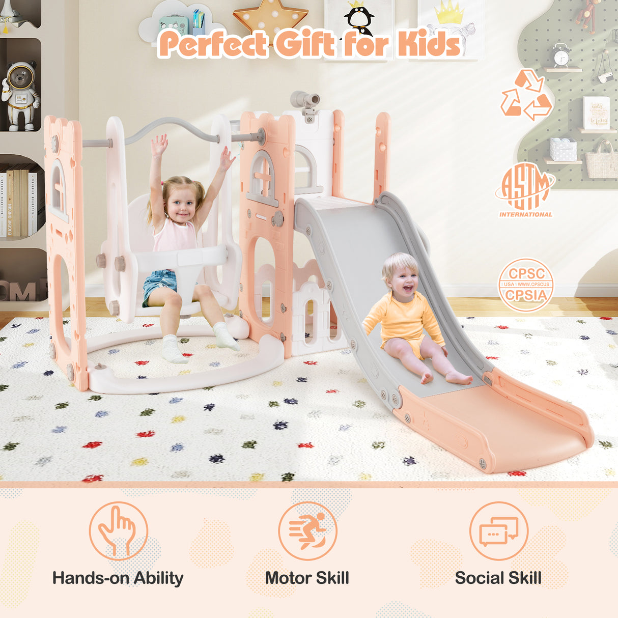 Baby Joy 7-in-1 L-Shaped Toddler Swing and Slide Set