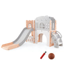 Children's playset with slide and castle structure on a white background