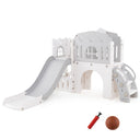 Children's playset with slide and castle structure on a white background, featuring a basketball and pump.