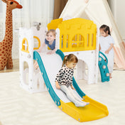 Children playing on a yellow and blue slide in a playroom.