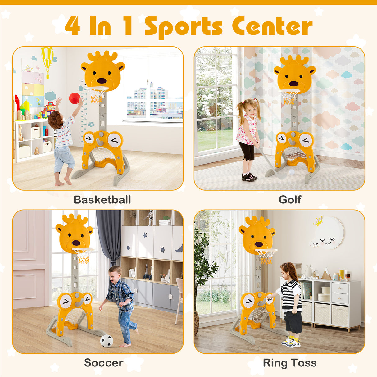 Toddler Basketball Hoop, 4-in-1 Kids Activity Center with Rim, Soccer Goal, Golf, Ring Toss