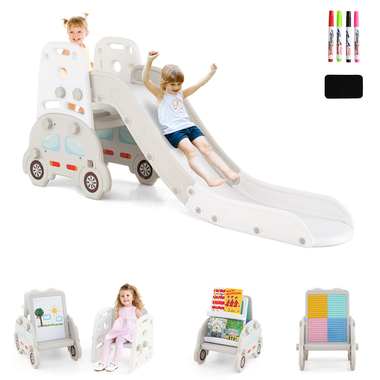 5 in 1 Convertible Toddler Slide Set, Double-Sided Magnetic Dry Erase & Building Block Board
