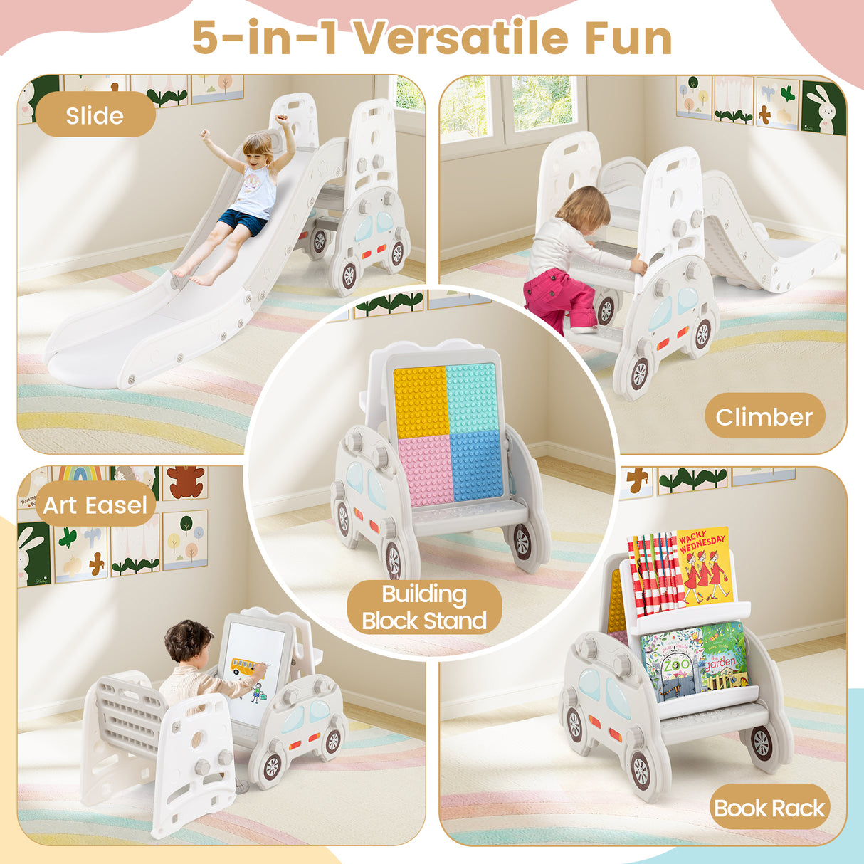 5 in 1 Convertible Toddler Slide Set, Double-Sided Magnetic Dry Erase & Building Block Board