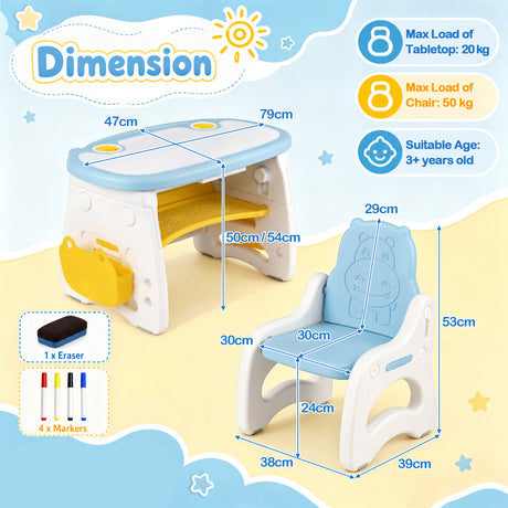 Height Adjustable Children Activity Table w/Graffiti Desktop, Storage, Markers & Eraser, Toddler Furniture Set