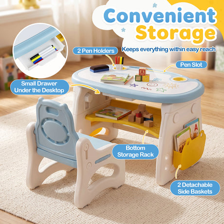 Height Adjustable Children Activity Table w/Graffiti Desktop, Storage, Markers & Eraser, Toddler Furniture Set