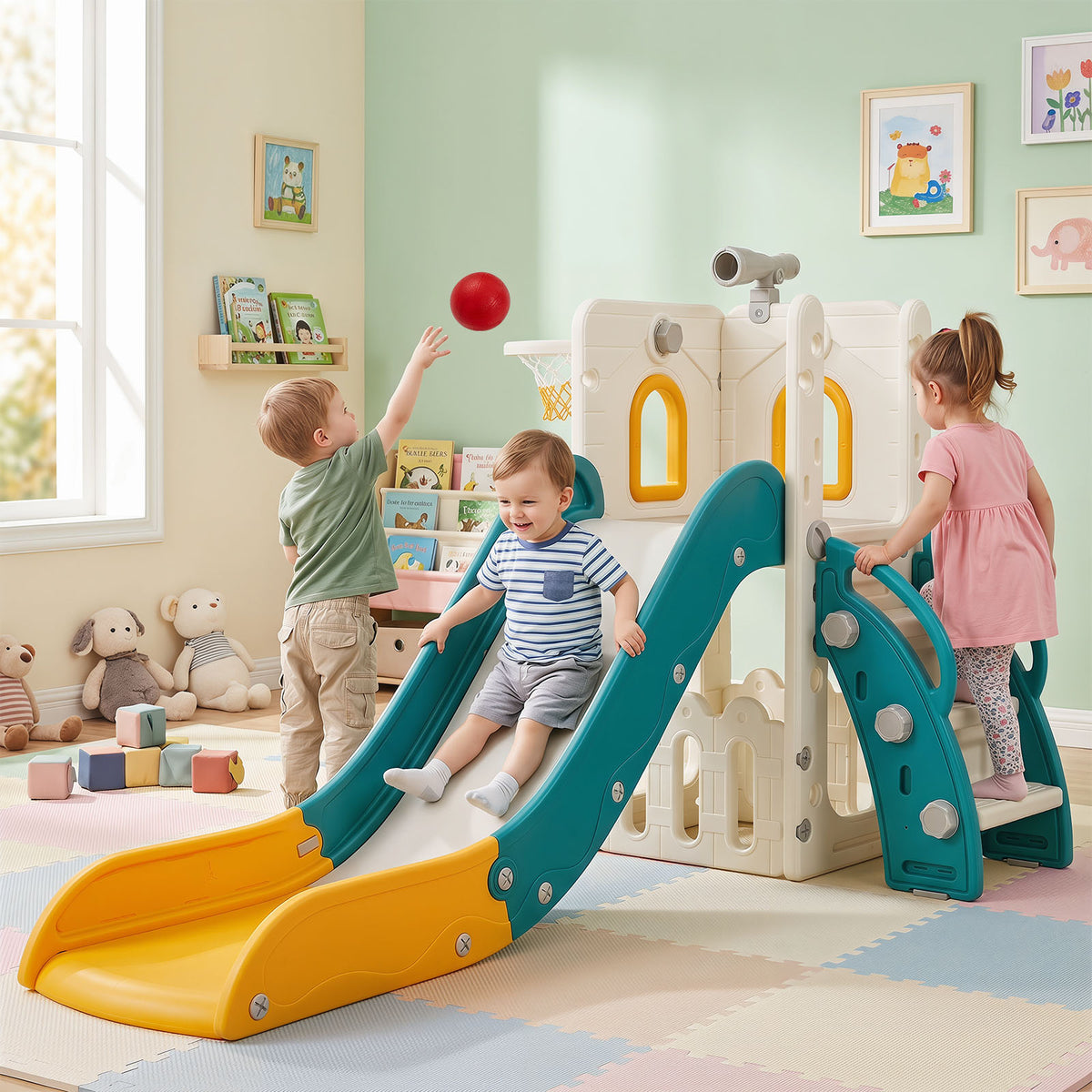 6-in-1 Toddler Slide Set with Climber Basketball Hoop and Telescope for Kids