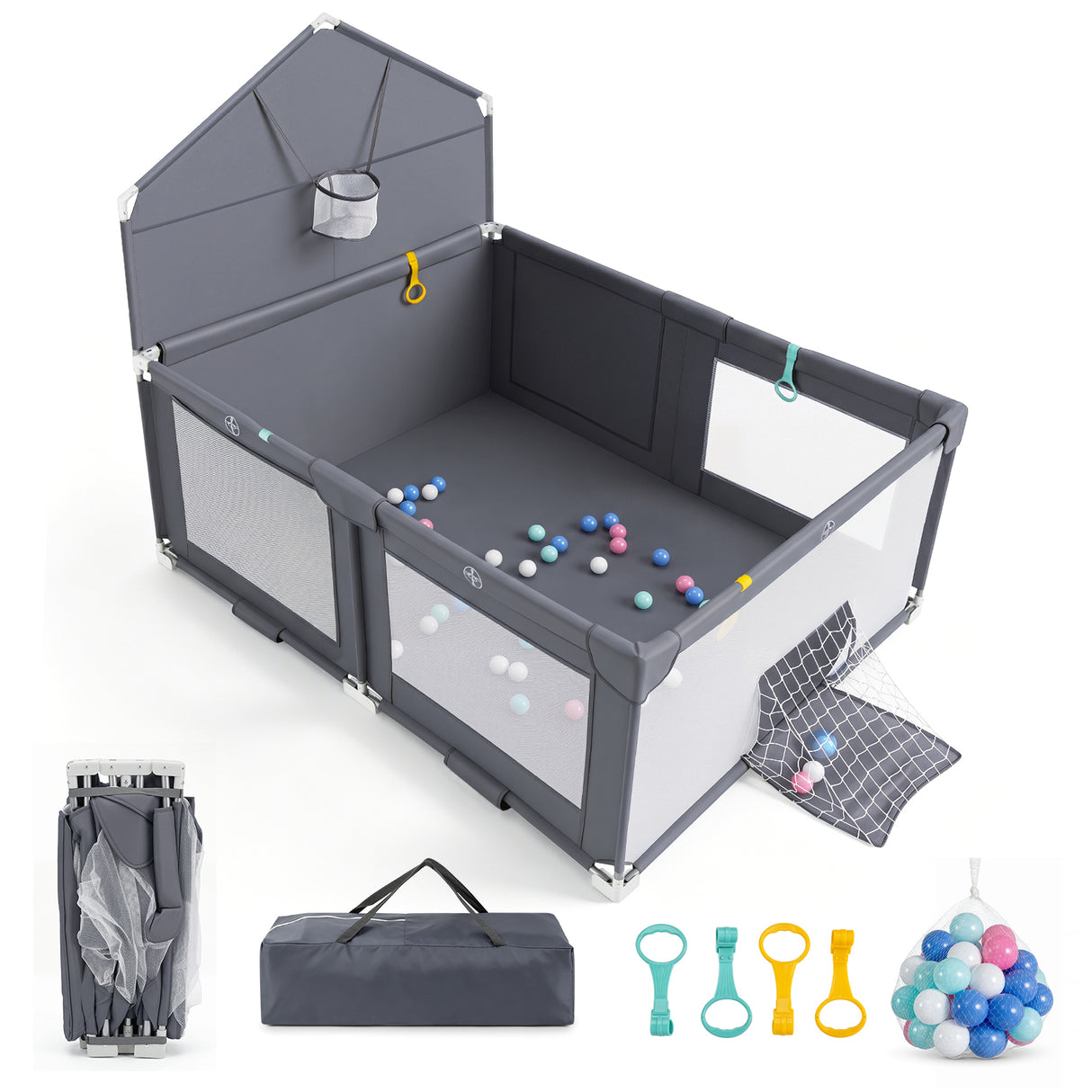 Foldable Baby Playpen, Large Play Yard Activity Center w/Basketball Hoop, Soccer Goal, Pull Rings & Ocean Balls for Infants
