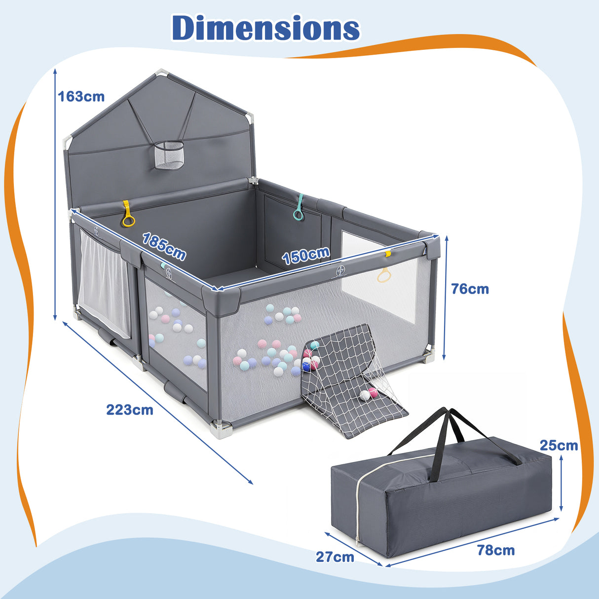 Foldable Baby Playpen, Large Play Yard Activity Center w/Basketball Hoop, Soccer Goal, Pull Rings & Ocean Balls for Infants