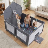 Foldable Baby Playpen, Large Play Yard Activity Center w/Basketball Hoop, Soccer Goal, Pull Rings & Ocean Balls for Infants