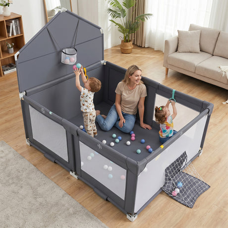 Foldable Baby Playpen, Large Play Yard Activity Center w/Basketball Hoop, Soccer Goal, Pull Rings & Ocean Balls for Infants