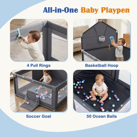 Foldable Baby Playpen, Large Play Yard Activity Center w/Basketball Hoop, Soccer Goal, Pull Rings & Ocean Balls for Infants