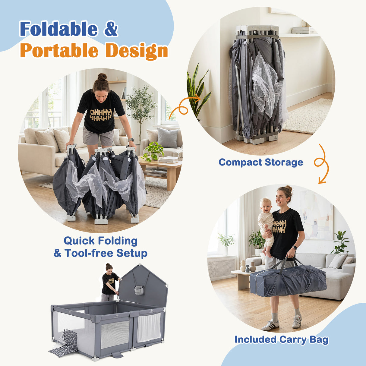 Foldable Baby Playpen, Large Play Yard Activity Center w/Basketball Hoop, Soccer Goal, Pull Rings & Ocean Balls for Infants
