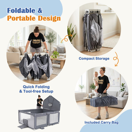 Foldable Baby Playpen, Large Play Yard Activity Center w/Basketball Hoop, Soccer Goal, Pull Rings & Ocean Balls for Infants