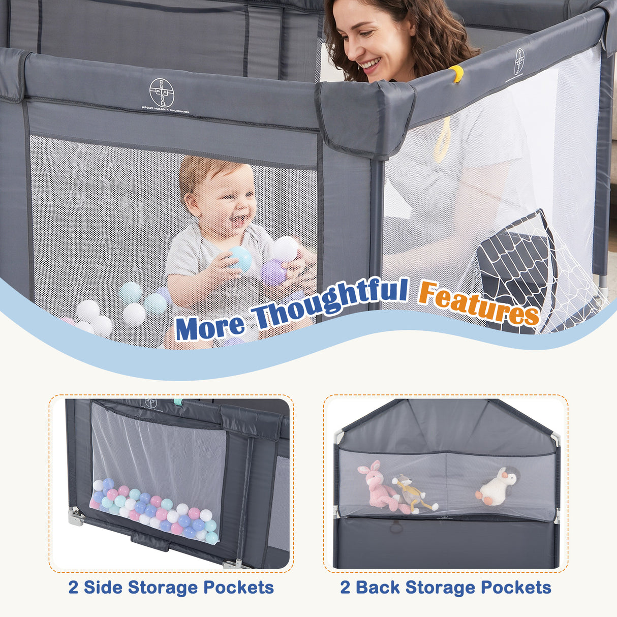 Foldable Baby Playpen, Large Play Yard Activity Center w/Basketball Hoop, Soccer Goal, Pull Rings & Ocean Balls for Infants