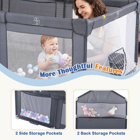 Foldable Baby Playpen, Large Play Yard Activity Center w/Basketball Hoop, Soccer Goal, Pull Rings & Ocean Balls for Infants
