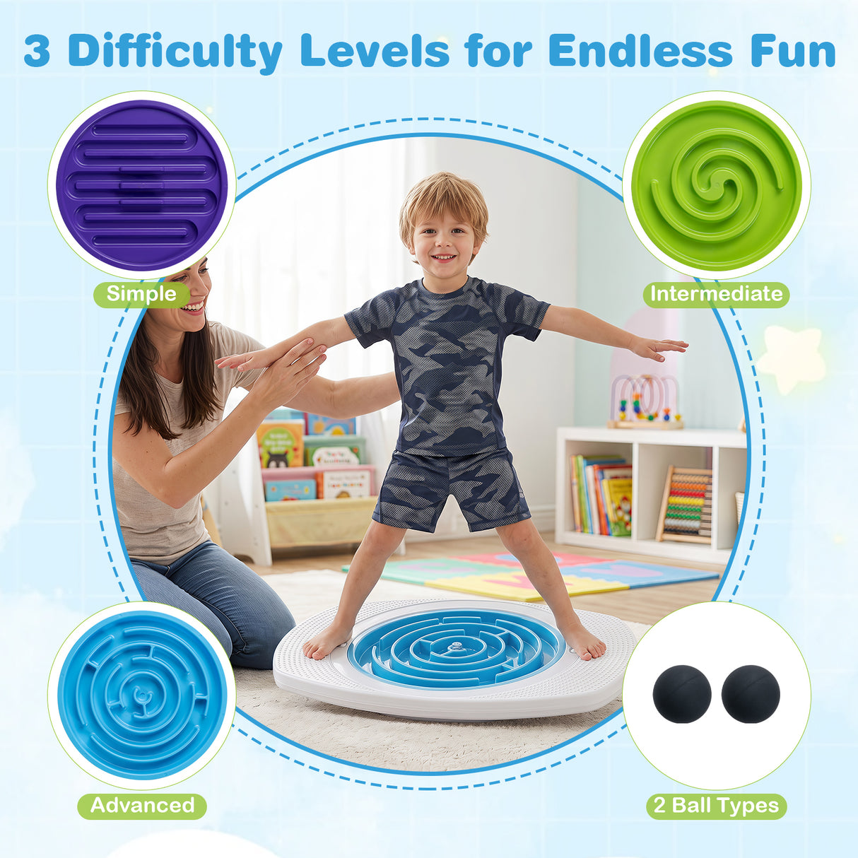 Balance Board for Kids with 3 Maze Discs & 2 Balls 2-in-1 Wobble Board for Sensory Training