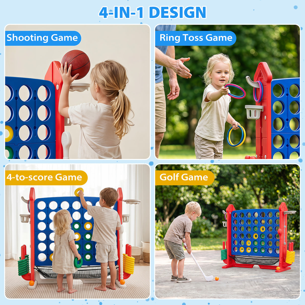 4-in-1 Jumbo Yard Game Set w/ Basketball Hoop, Ring Toss, Golf, Indoor Outdoor Family Party Games for Kids & Adults