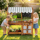 Wooden Kids Mud Kitchen with Canopy and 8 Accessories 2-Sided Chalkboard for Boys Girls