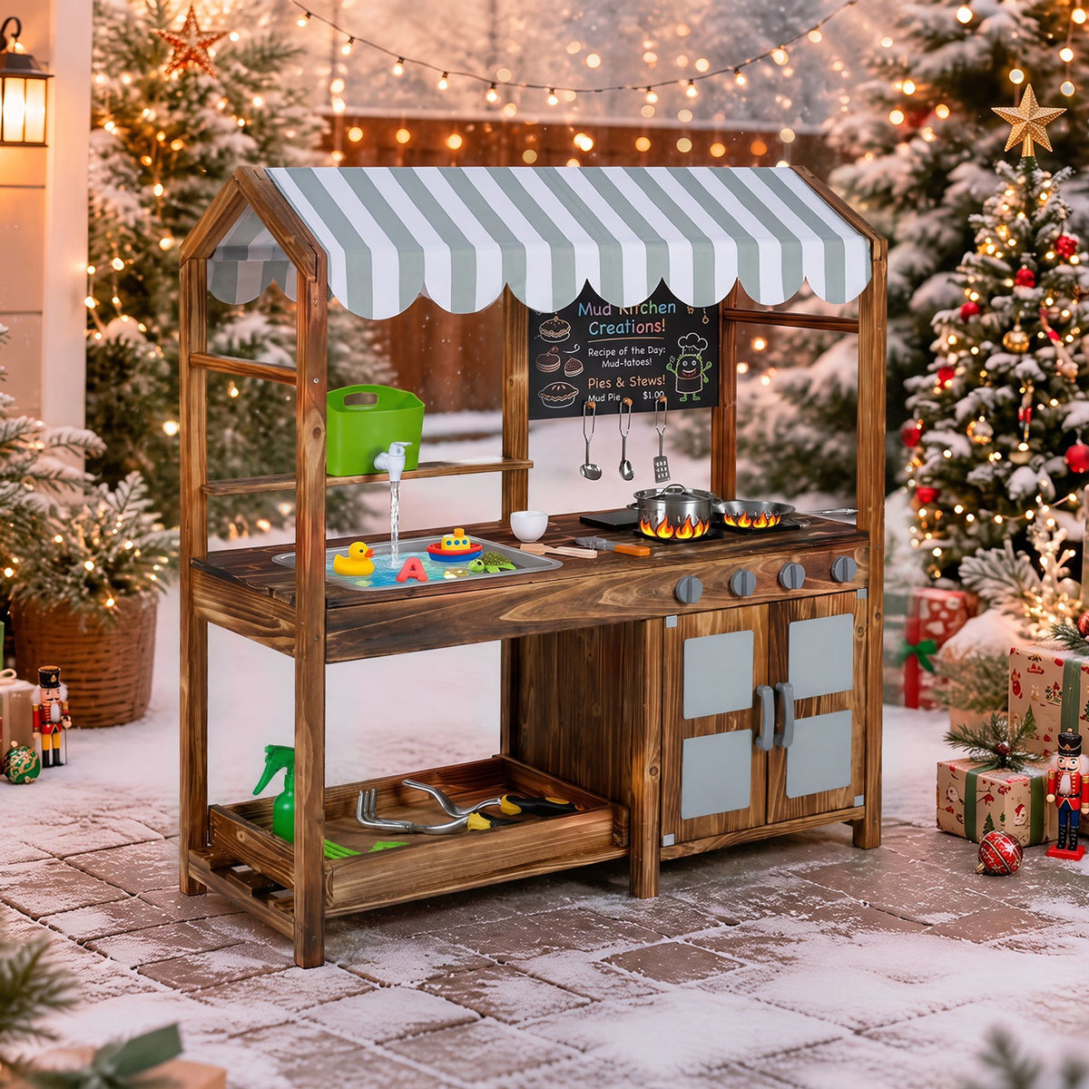 Wooden Kids Mud Kitchen with Canopy and 8 Accessories 2-Sided Chalkboard for Boys Girls