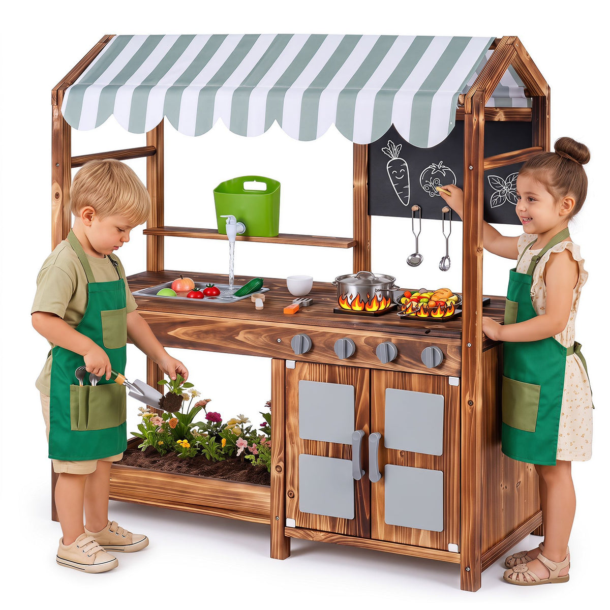 Wooden Kids Mud Kitchen with Canopy and 8 Accessories 2-Sided Chalkboard for Boys Girls