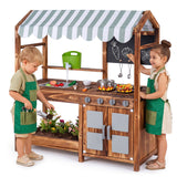 Wooden Kids Mud Kitchen with Canopy and 8 Accessories 2-Sided Chalkboard for Boys Girls