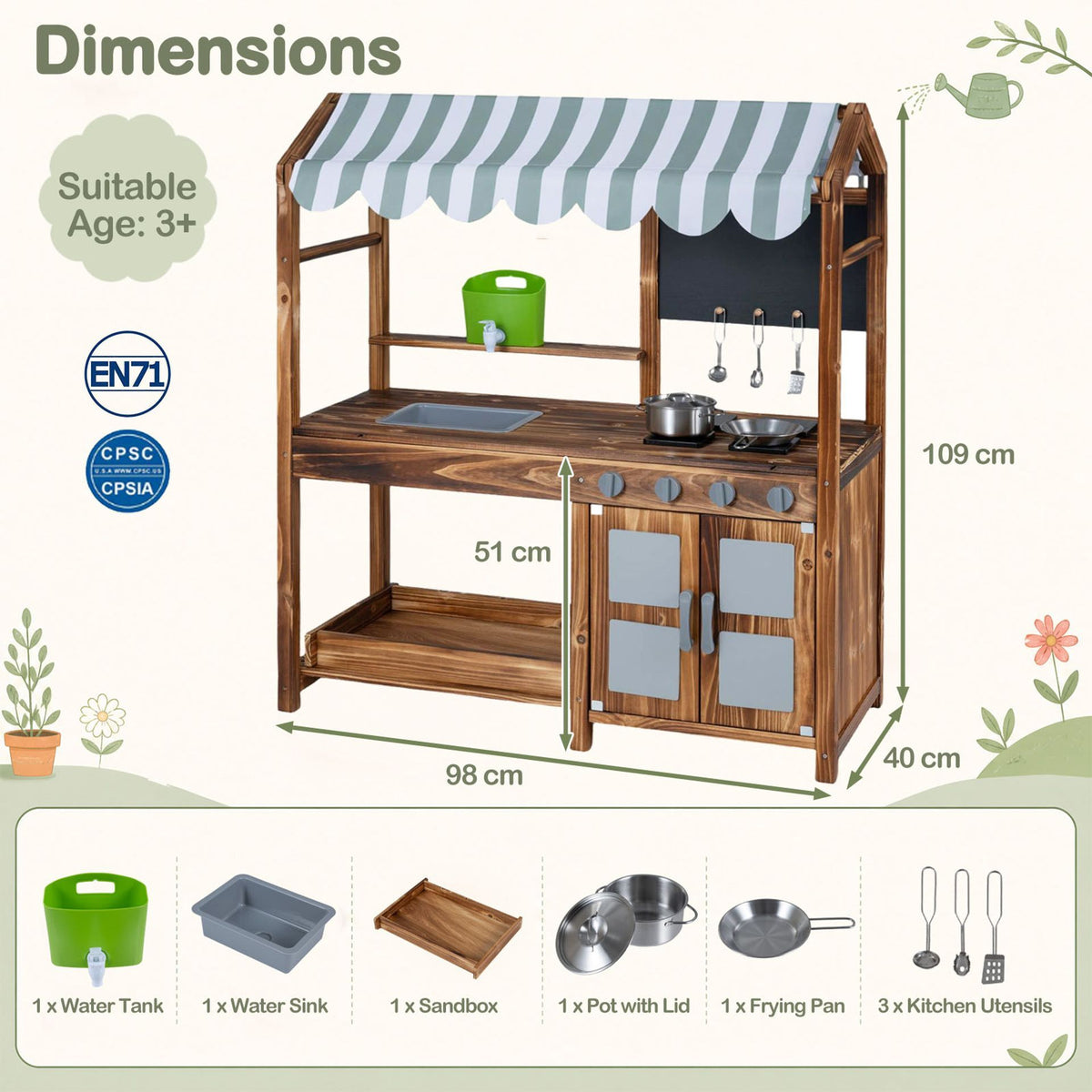 Wooden Kids Mud Kitchen with Canopy and 8 Accessories 2-Sided Chalkboard for Boys Girls