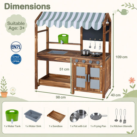 Wooden Kids Mud Kitchen with Canopy and 8 Accessories 2-Sided Chalkboard for Boys Girls