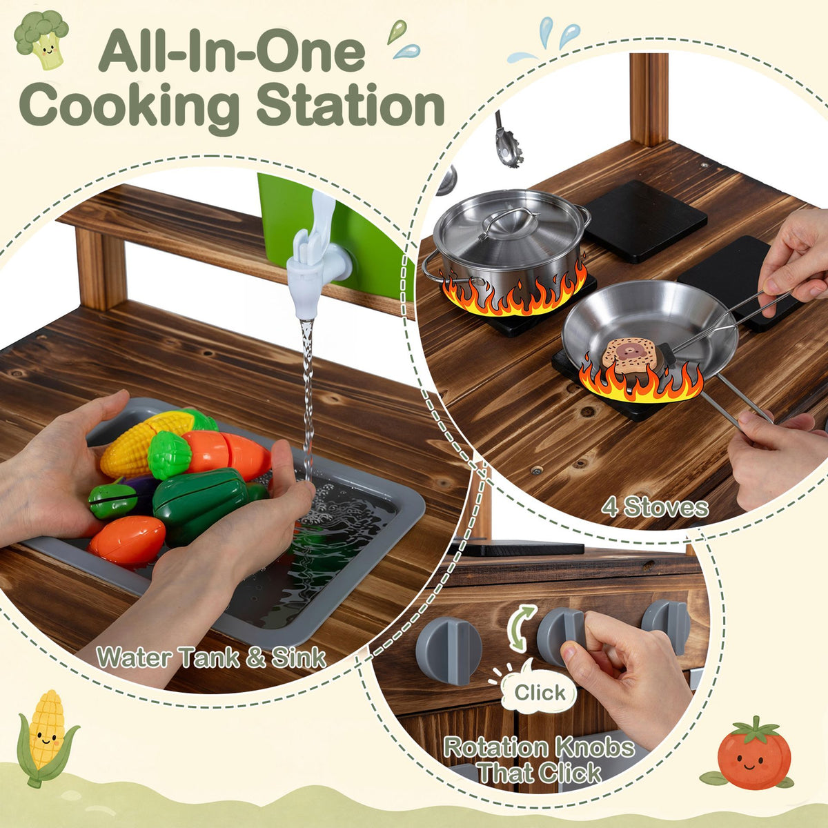 Wooden Kids Mud Kitchen with Canopy and 8 Accessories 2-Sided Chalkboard for Boys Girls
