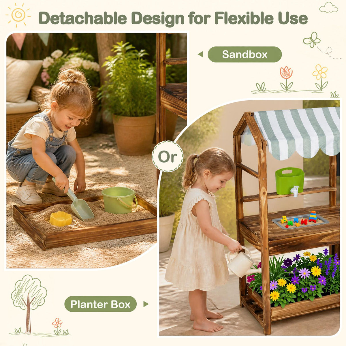 Wooden Kids Mud Kitchen with Canopy and 8 Accessories 2-Sided Chalkboard for Boys Girls