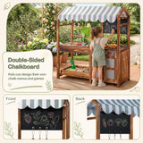 Wooden Kids Mud Kitchen with Canopy and 8 Accessories 2-Sided Chalkboard for Boys Girls
