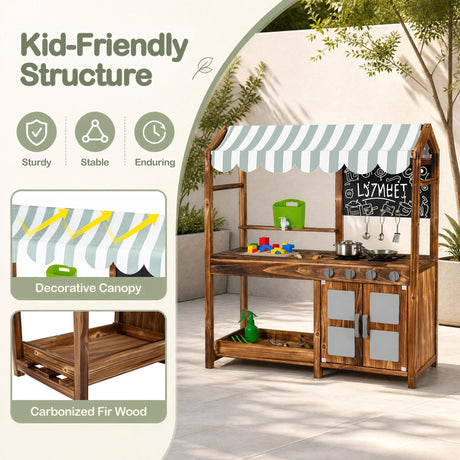 Wooden Kids Mud Kitchen with Canopy and 8 Accessories 2-Sided Chalkboard for Boys Girls