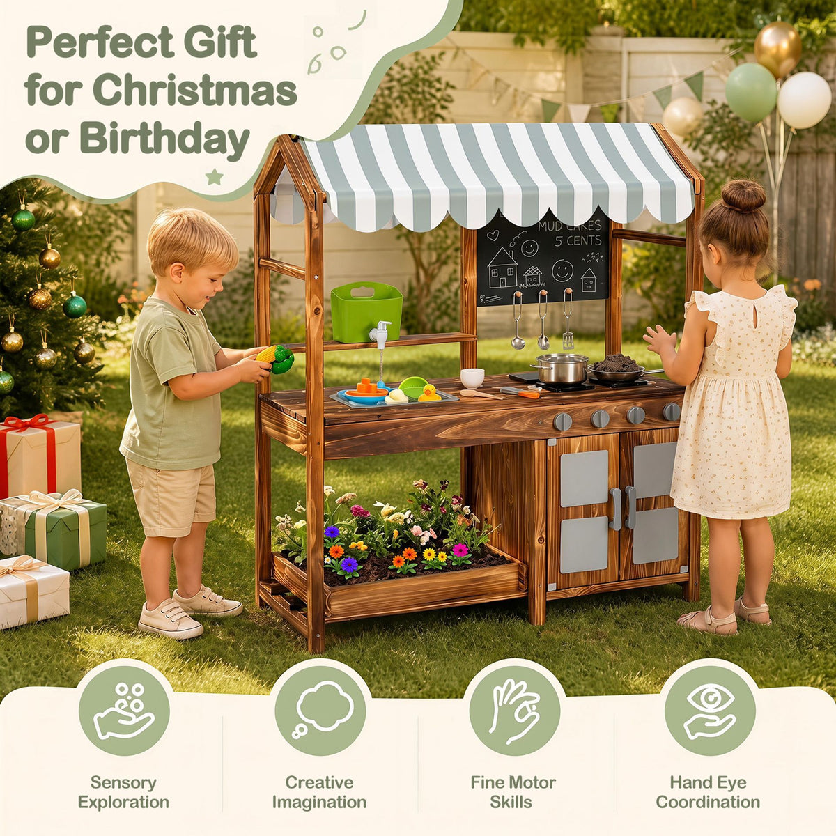 Wooden Kids Mud Kitchen with Canopy and 8 Accessories 2-Sided Chalkboard for Boys Girls