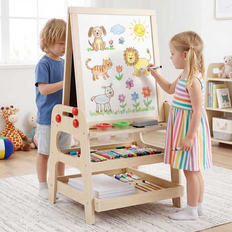 2-in-1 Easel for Kids Wooden Art Easel with Magnetic Whiteboard and Marble Run