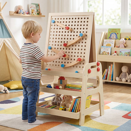 2-in-1 Easel for Kids Wooden Art Easel with Magnetic Whiteboard and Marble Run