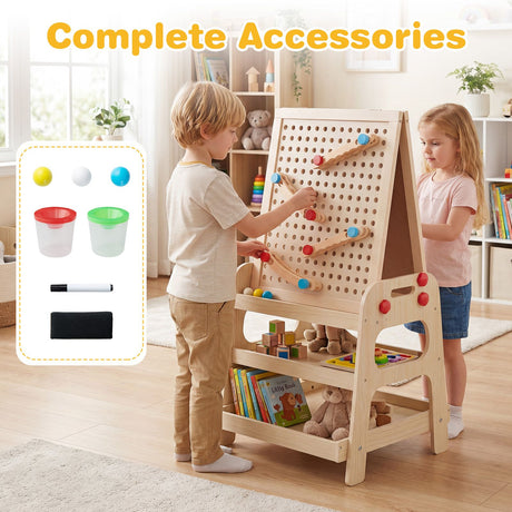 2-in-1 Easel for Kids Wooden Art Easel with Magnetic Whiteboard and Marble Run