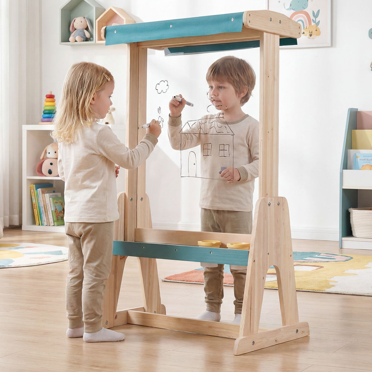 Wooden Fir Frame Easel for Kids with Transparent Board and Storage Trays