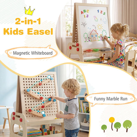 2-in-1 Easel for Kids Wooden Art Easel with Magnetic Whiteboard and Marble Run