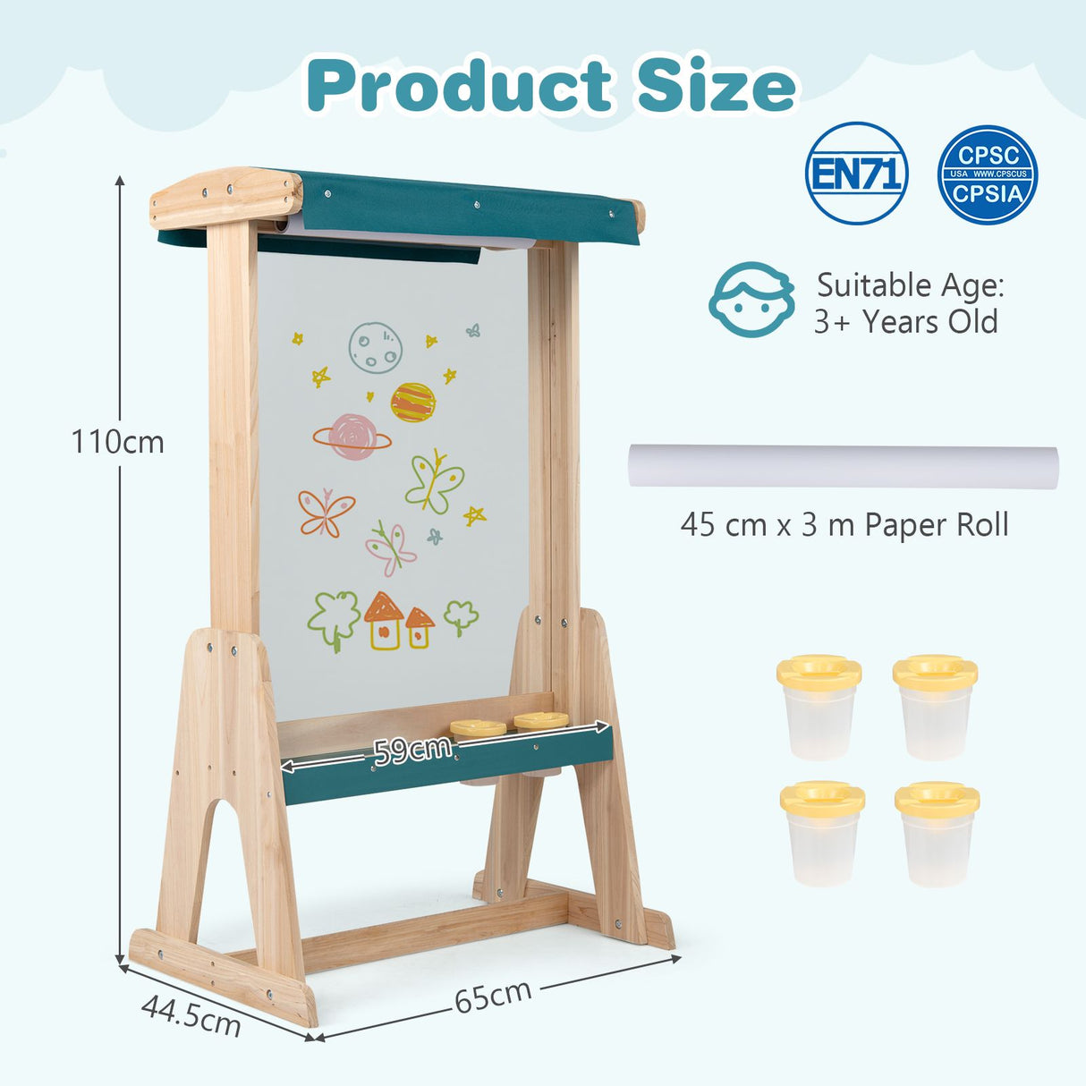 Wooden Fir Frame Easel for Kids with Transparent Board and Storage Trays