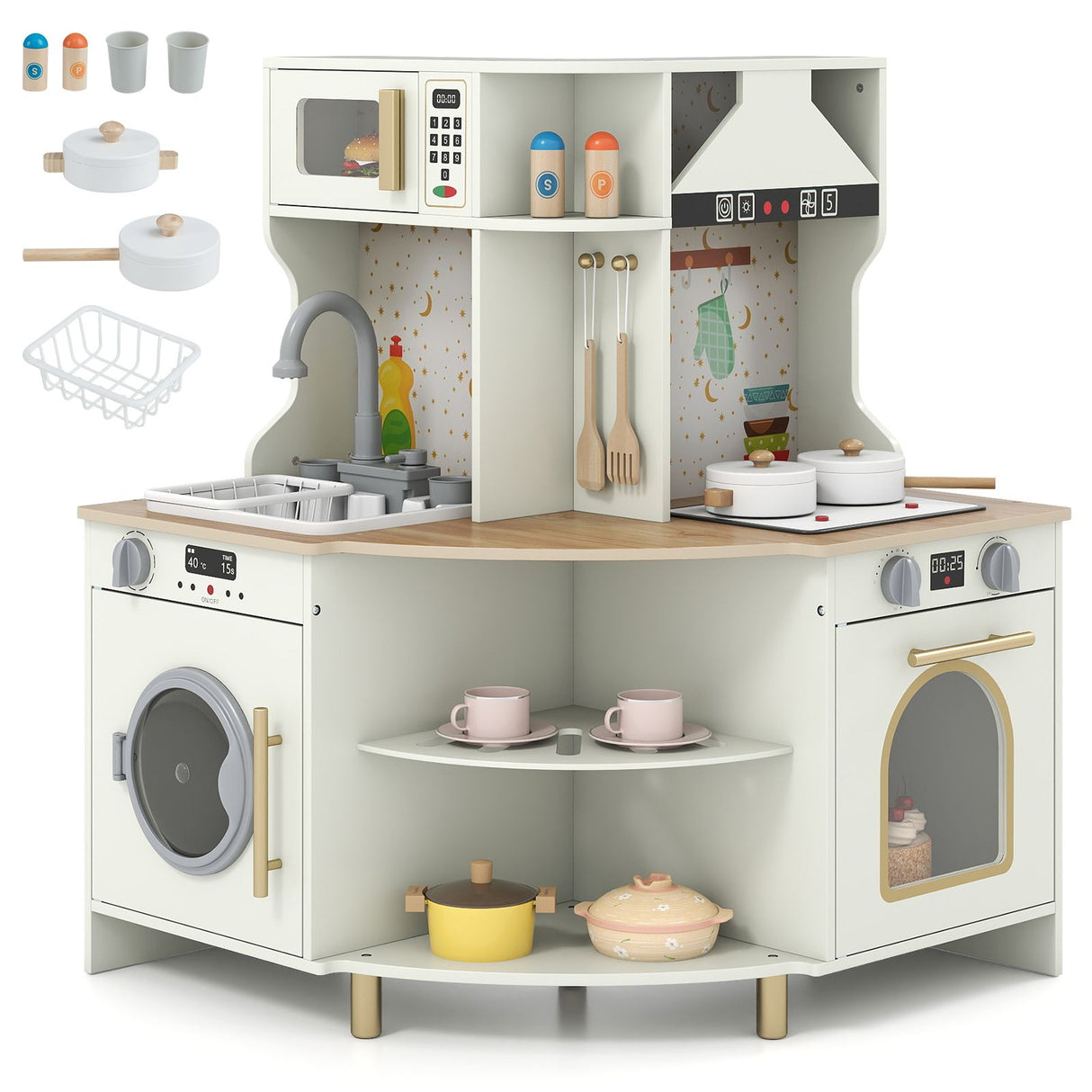 Wooden Corner Kitchen Playset with Working Faucet and Realist Sound