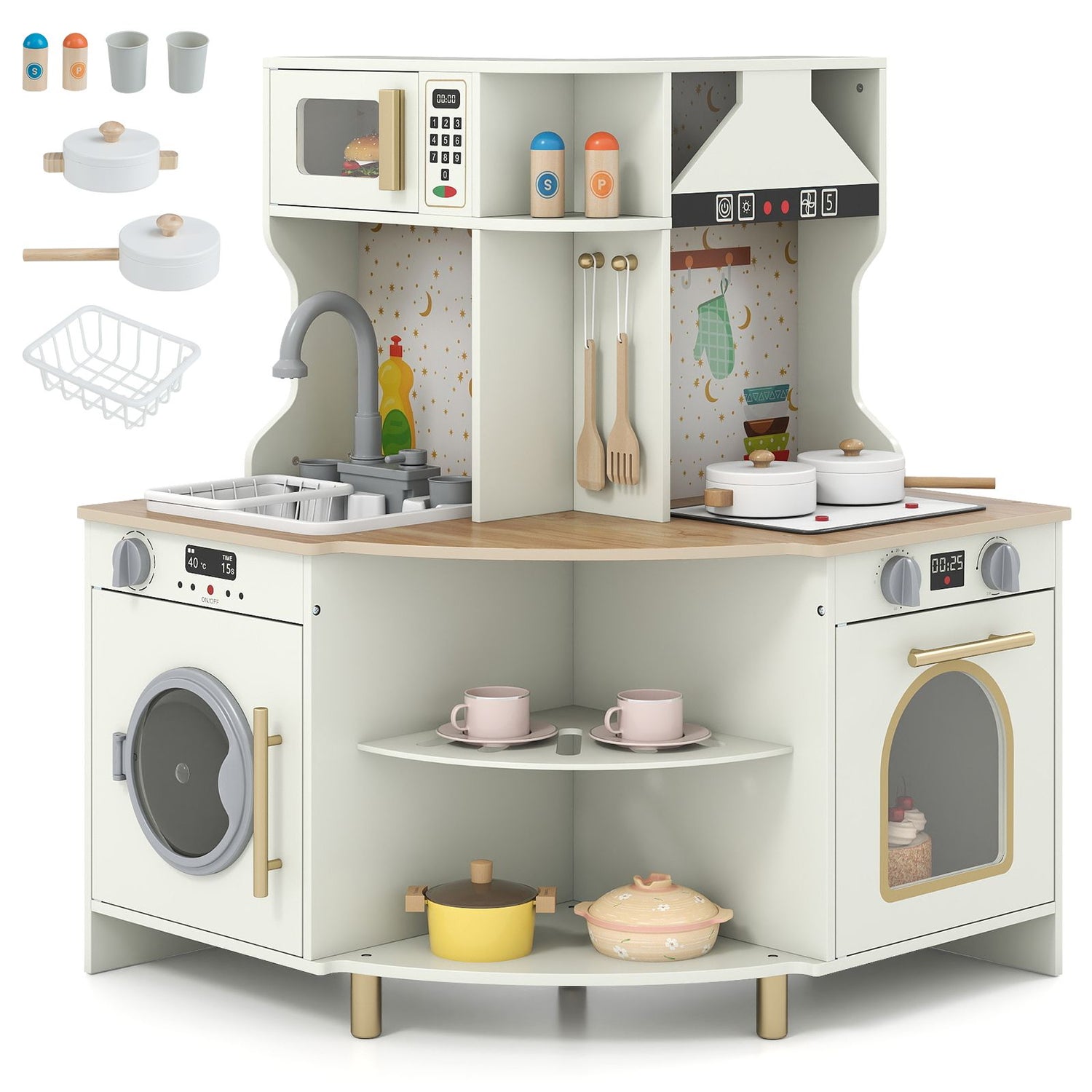 Wooden Corner Kitchen Playset with Working Faucet and Realist Sound